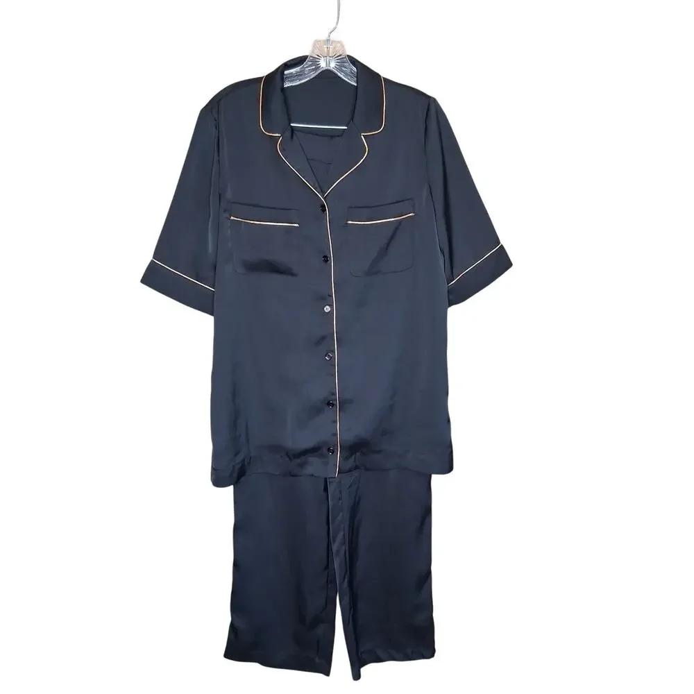 Stella McCartney 100% Silk Black 2 Piece Pajama Set Gold Piping Size Large